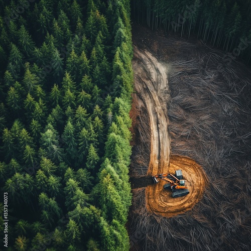 Aerial view of a forest being cleared by heavy machinery, with dense green trees on one side and barren land with tree stumps on the other