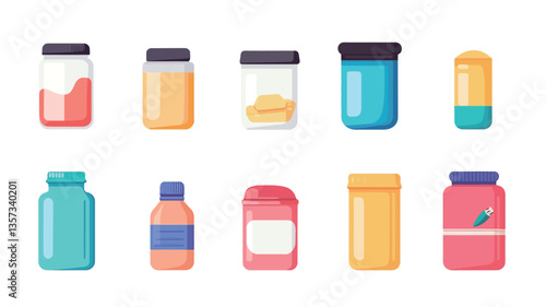 The image shows a collection of twelve different jars and bottles rendered in a flat, cartoonish style. The jars and bottles are various shapes and sizes, featuring a variety of pastel colors and