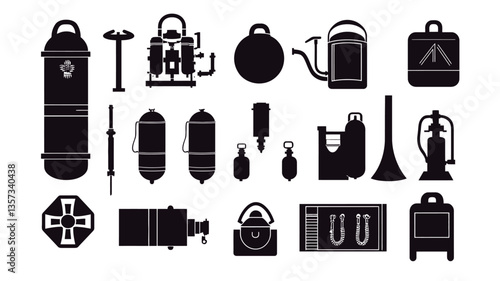 The image contains a collection of twenty black silhouette icons against a white background.  The icons depict various containers and pieces of equipment, including kettles, tanks, canisters,