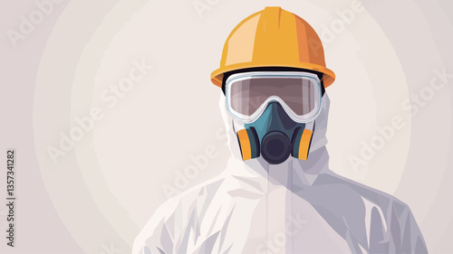 Close-up shot of a person wearing a white hazmat suit, a yellow hard hat, clear goggles, and a dark-grey respirator mask. The background is a light grey, providing a neutral setting that focuses
