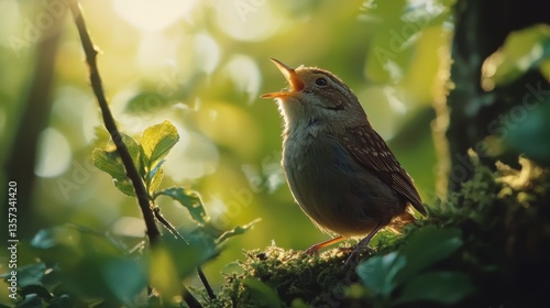 Closeup of a Eurasian Wren bird, Troglodytes troglodytes, bird singing in a forest during Springtime