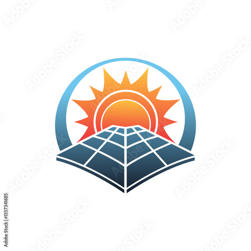 Logo design of a solar panel with the sun, symbolizing renewable energy, sustainability, and eco-friendly solutions, often with clean lines and modern design.

