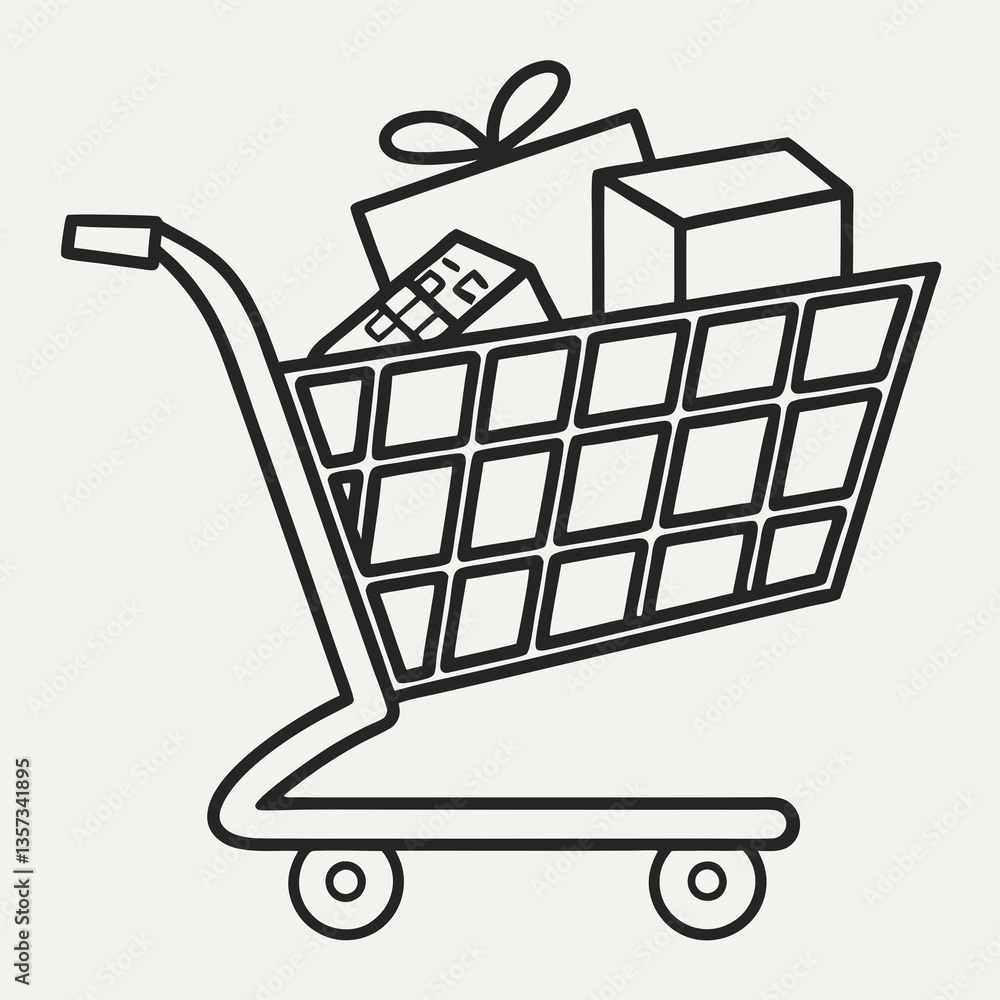Shopping cart filled with gifts and boxes on a neutral background Shopping cart filled with gifts and boxes on a neutral background