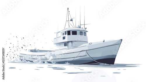 A stylized illustration of a white fishing boat depicted in a dynamic pose, seemingly moving through turbulent water. The boat is rendered in shades of white and gray, creating a monochrome effect.