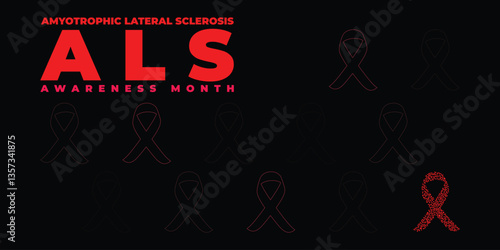 Als awareness month. Vector banner for social media, card, poster. Illustration with text ALS awareness month, amyotrophic lateral sclerosis. Red striped ribbon on a white and red background	