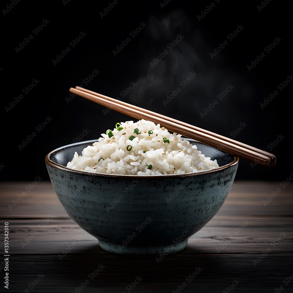 Steaming rice bowl chopsticks dark wood background food photography Steaming rice bowl chopsticks dark wood background food photography