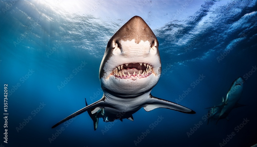 Fototapeta premium underwater photo of a large shark with its mouth open generated by artificial intelligence