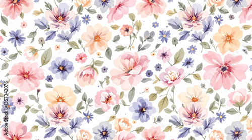 Watercolor seamless pattern color wild flowers on the white background