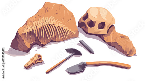 A digital illustration depicting various paleontological findings arranged on a white background. The illustration includes a partial fossilized skeleton embedded in a rock formation, a fossilized