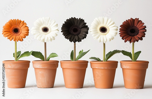 Wallpaper Mural Des gerberas noires, blanches, oranges et bordeaux plantées dans des pots en terre cuite sur fond blanc Torontodigital.ca
