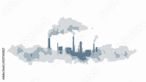 The image is a stylized depiction of an industrial complex partially obscured by a dense cloud of smog.  The color palette is predominantly muted grays and blues. The factory structures are