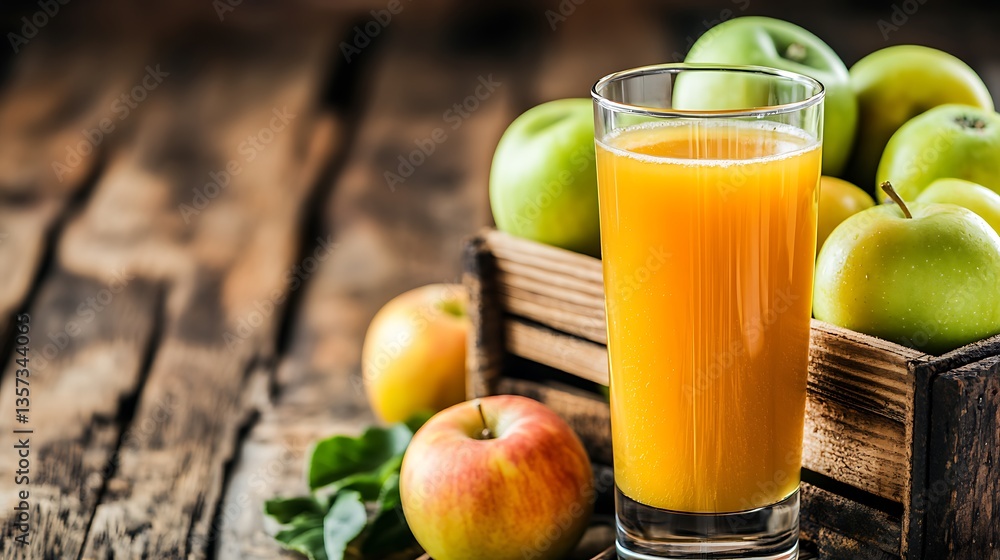Refreshing Organic Apple Juice With Green Apples in a Rustic Wooden Setting Refreshing Organic Apple Juice With Green Apples in a Rustic Wooden Setting