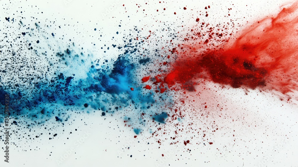 A vibrant explosion of colored powder, with bold red on the left and bright blue on the right, A vibrant explosion of colored powder, with bold red on the left and bright blue on the right,