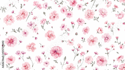 Watercolor seamless pattern pink wild flowers on the white background