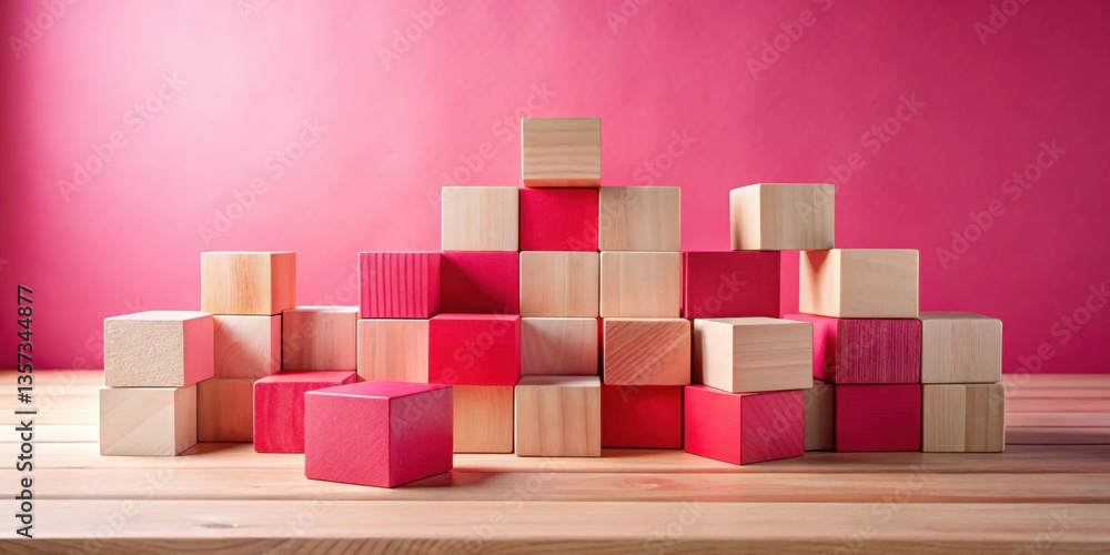 Obraz premium A playful arrangement of wooden blocks in varying shades of pink and natural wood tones, meticulously stacked on a light brown wooden surface against a vibrant pink backdrop