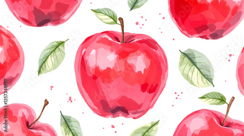 Watercolor pattern red apple white background vector	
