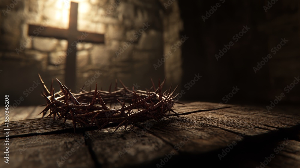 Fototapeta premium Detailed Crown of Thorns on Cross in Somber Setting