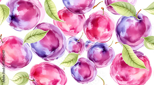 Watercolor pattern plums on white background	