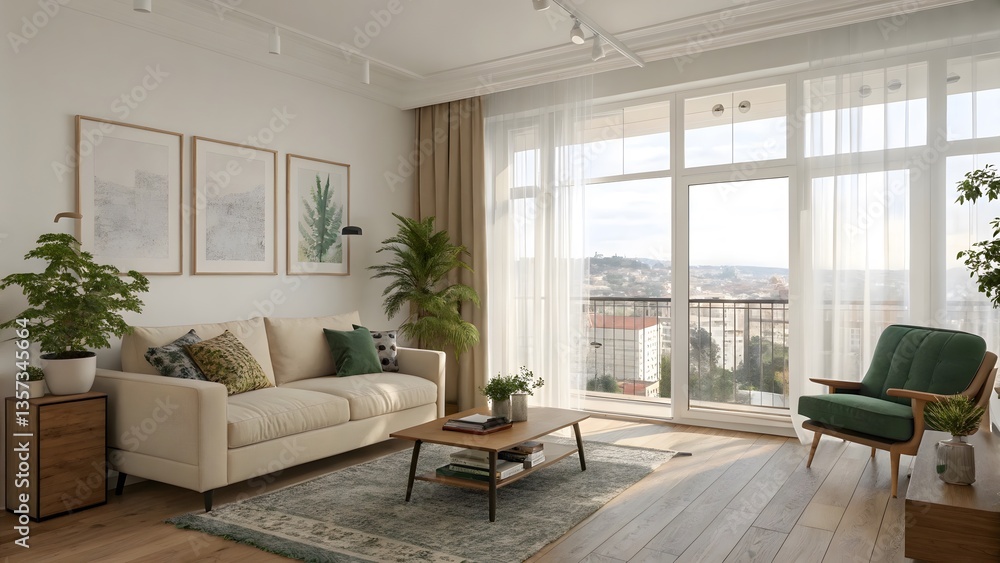 Fototapeta premium Scandinavian-Inspired Living Room Cozy, Airy, and Serene V4