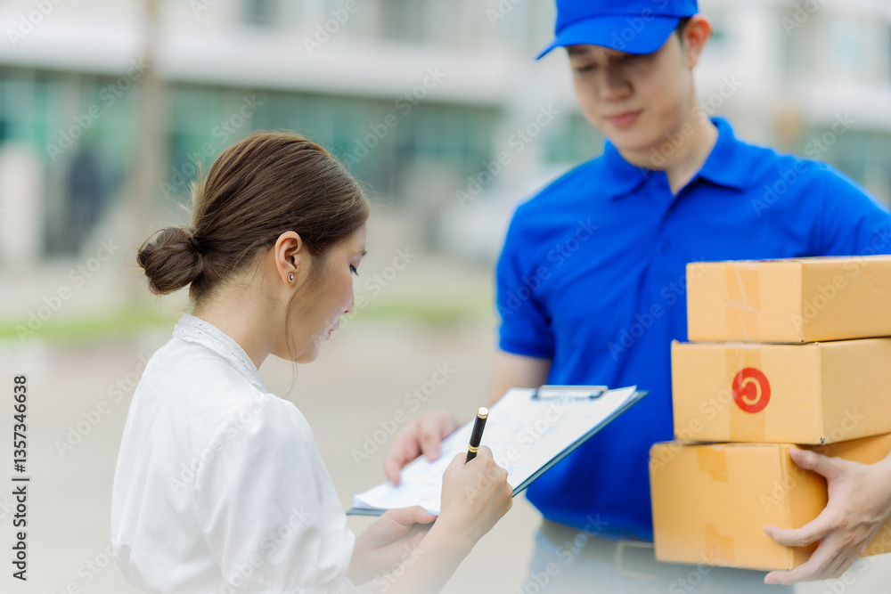 Delivery man wearing blue shirt and box at door for customer order, parcel or goods in delivery service. Woman receiving goods from delivery man. Delivery man wearing blue shirt and box at door for customer order, parcel or goods in delivery service. Woman receiving goods from delivery man.