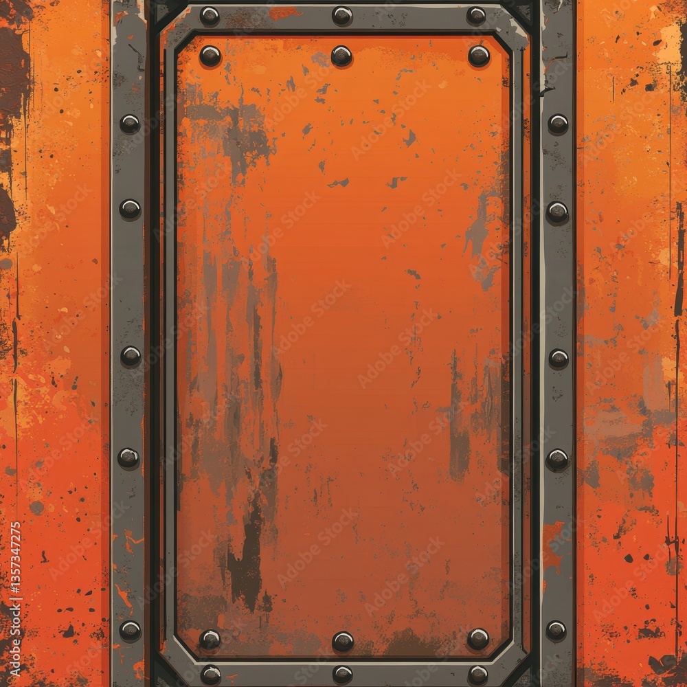 Obraz premium Rusty Orange Metal Panel with Rivets - Industrial Background Texture