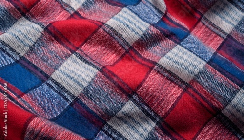 a close up of a red blue and grey plaid fabric
