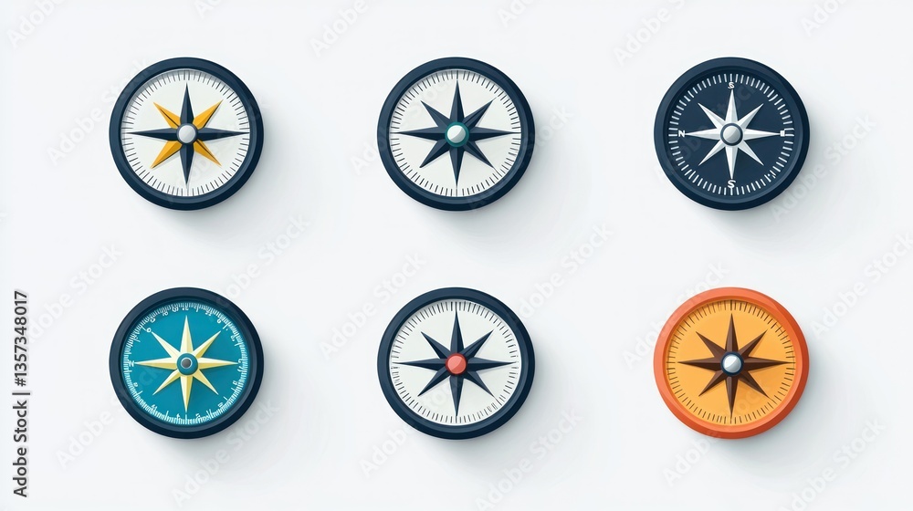 A clean and simple vector illustration of compass icons, each with a unique directional arrow. A clean and simple vector illustration of compass icons, each with a unique directional arrow.