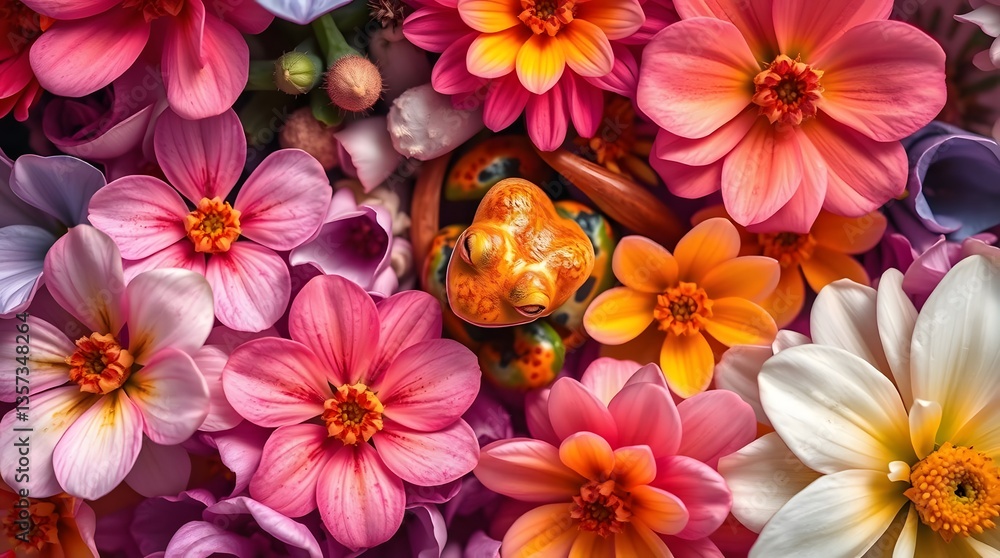 Frog resting on a colorful flower petal Frog resting on a colorful flower petal