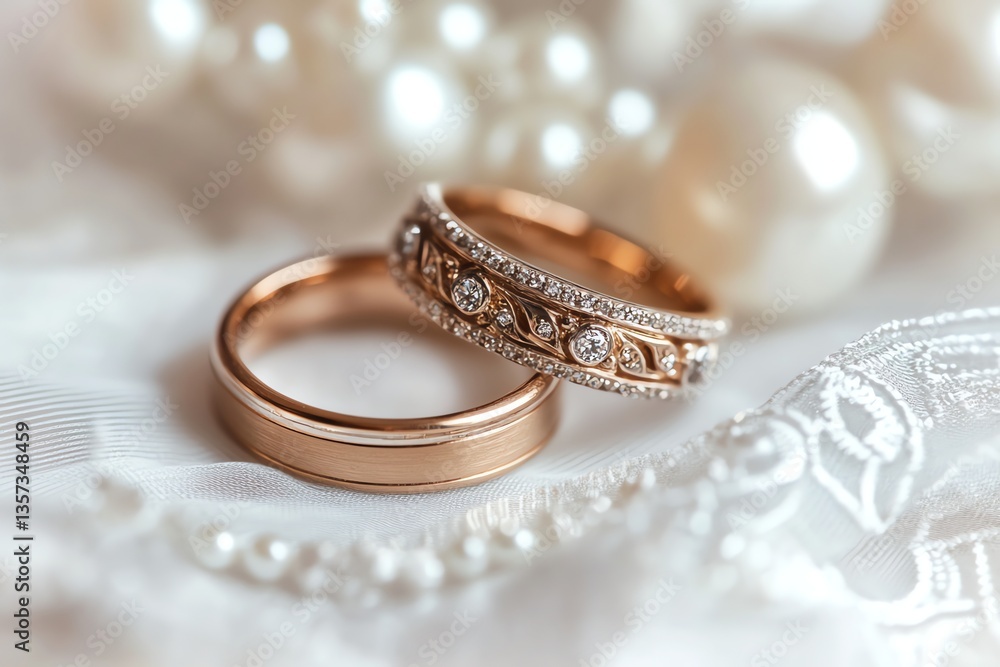 Two Wedding Rings with Diamonds on a White Pearl Background Two Wedding Rings with Diamonds on a White Pearl Background