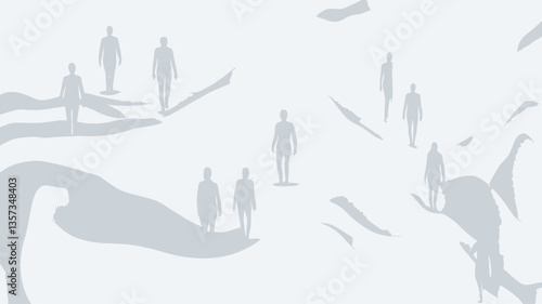 The image is an abstract illustration featuring numerous grayscale human-like figures distributed across a textured white background. The background resembles a flowing, undulating landscape or