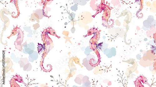 Seamless watercolor pattern of hand drawn nautilus shells and smooth sea pebbles on a white background, Watercolor pattern shells on white background	