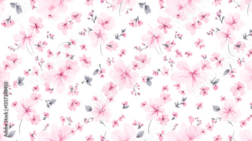 Watercolor seamless pattern pink small flowers on the white background
