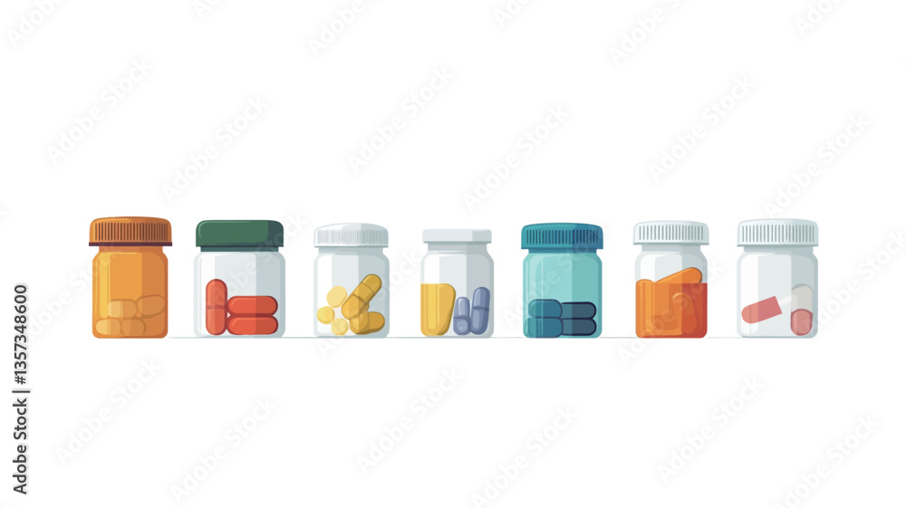 The image shows a row of eight small, stylized illustrations of medicine bottles containing various types of pills and capsules. The bottles are predominantly white with colored lids and The image shows a row of eight small, stylized illustrations of medicine bottles containing various types of pills and capsules. The bottles are predominantly white with colored lids and