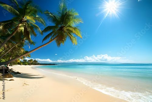 A serene beach scene with palm trees swaying in the gentle breeze under a bright sun, perfect for relaxation and vacation vibes.