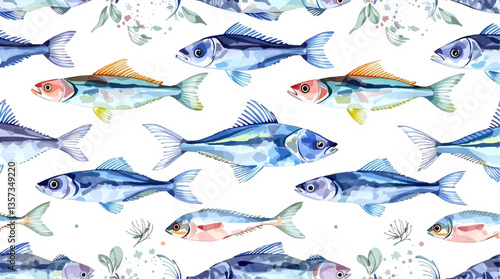 Watercolor pattern colored fish white background