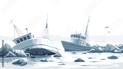 The illustration depicts two fishing boats grounded on a rocky shore. The boats are rendered in shades of blue and grey, appearing weathered and abandoned. The sea is calm, with minimal detail,