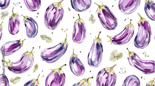 Seamless eggplant pattern, A watercolor painting of purple eggplant with green leaves	