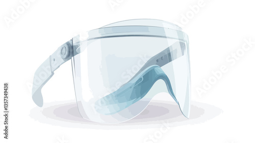 Close-up studio shot of a transparent plastic face shield. The shield is rectangular with curved sides and features a white headband.  The image shows the front and side profile of the shield. The