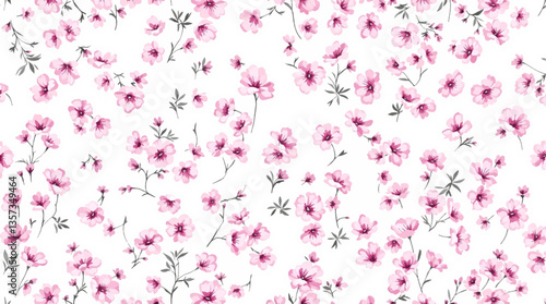 Watercolor seamless pattern pink small flowers on the white background
