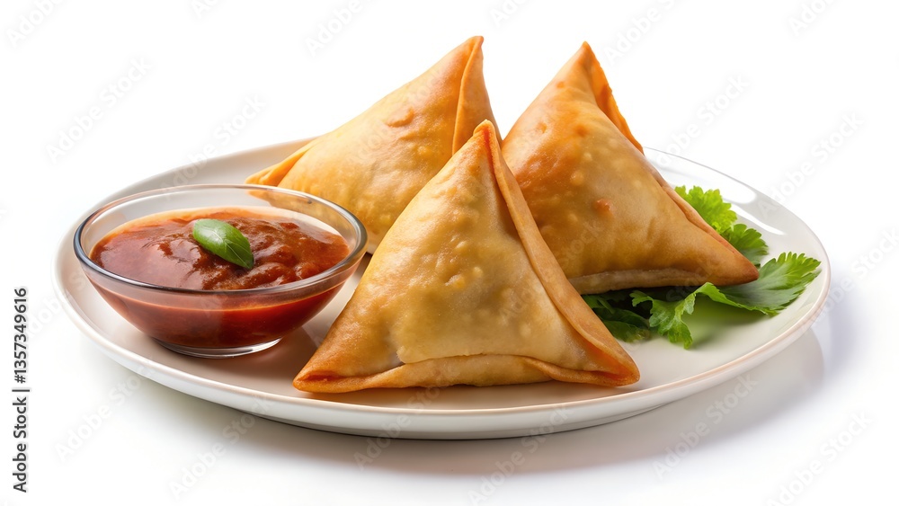 Samosa in plate with sauce isolated on transparent white background. Samosa in plate with sauce isolated on transparent white background.