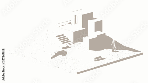 A high-angle, close-up shot of a scale model of a modern building. The model is predominantly white and beige, featuring clean lines and geometric shapes.  It's situated on a white base that