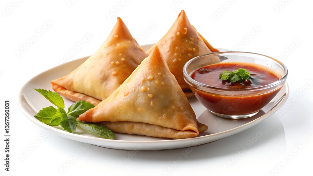 Samosa in plate with sauce isolated on transparent white background. Samosa in plate with sauce isolated on transparent white background.