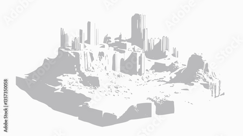 A grayscale 3D rendering depicts a miniature model of a ruined cityscape.  The model shows various building structures in various states of disrepair and collapse, suggesting significant damage and