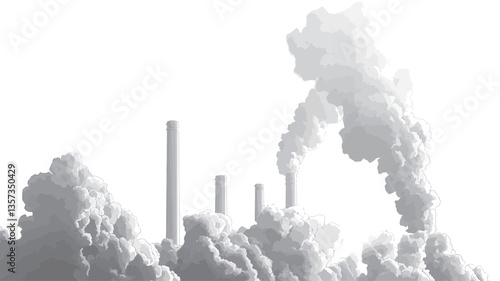 The image is a grayscale photograph depicting several industrial smokestacks emitting large plumes of gray smoke against a bright white background.  The smoke is dense and obscures parts of the
