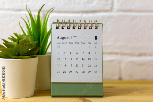 Hello August, August 2025 desk calendar for planning.