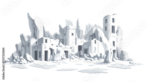 A grayscale illustration depicting a cluster of ruined buildings.  The style is illustrative, not photorealistic. The buildings are rendered in various states of disrepair, with crumbling walls,