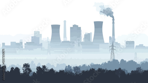 The image shows a hazy, desaturated view of an industrial skyline.  The foreground is obscured by a thick layer of fog or smog.  Silhouetted against the pale sky, several large industrial