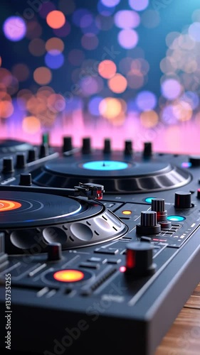 Close-up of a DJ mixer with vibrant bokeh lights in the background, creating a lively atmosphere