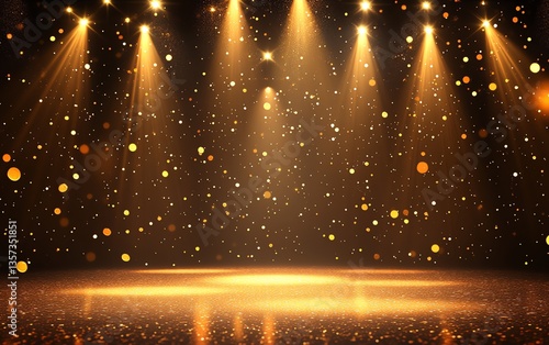 Wallpaper Mural Golden Spotlights Shining on Empty Stage with Glittering Particles Effect Torontodigital.ca
