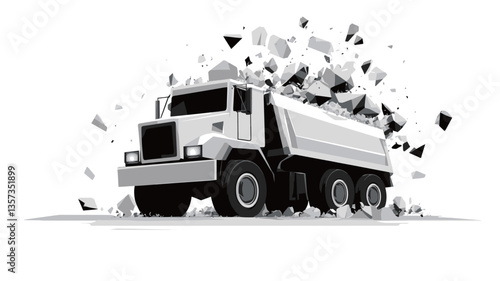 A grayscale illustration depicts a dump truck seemingly exploding.  The truck is rendered in a realistic style, though in monochrome.  The explosion effect is shown by numerous small, irregularly